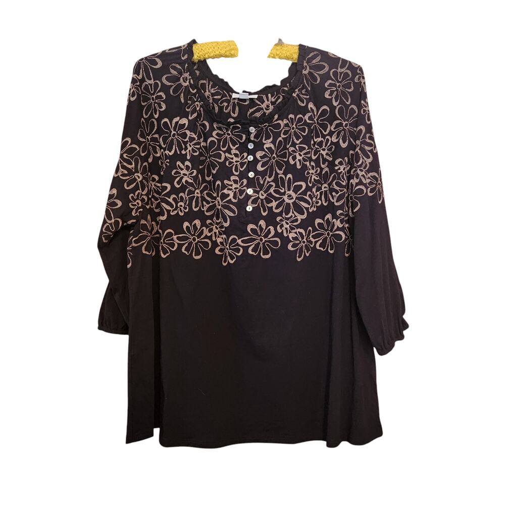 J. Jill Embroidered Floral Peasant Shirt Blouse Black & Tan Scoop Neck sz 2X